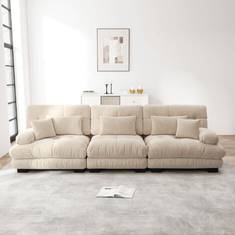 Canapé d'angle modulable 3 places avec assise profonde, canapé-lit en chenille marron clair, confortable et revêtu de chenille marron clair, idéal pour le salon, appartement, studio ou bureau. (1/5)