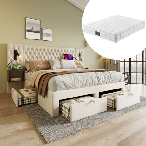 Bettanlage Set, Polster-Doppelbett 160×200 cm Beige Samt, 2 Nachttische, 4 Schubladen, USB Leselicht, (=ABMA260890B) (Mit Matratze) (1/5)