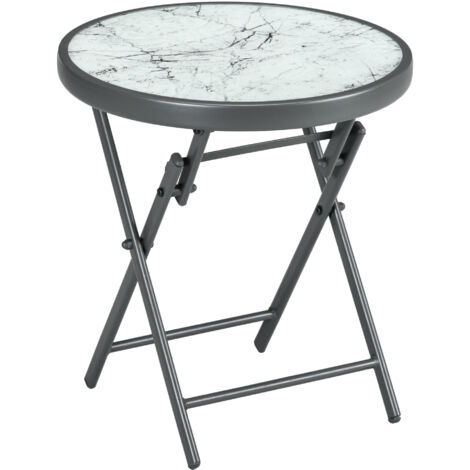 Beistelltisch klappbar, Klapptisch aus Glas mit Marmoroptik, petit Campingtisch, runder Sofatisch Balkontisch für Balkon Terrasse Wohnzimmer Büro, 45 x 45 x 50 cm, Blanc (1/5)