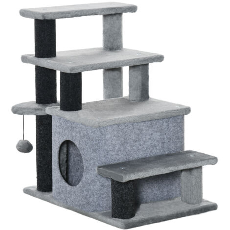 Haustiertreppe 3/4-stufige Katzentreppe mit Schlafhöhle & Spielball, Plüschbezug, stabile Spanplatte für Katzen (1/5)
