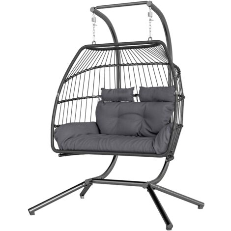 Fauteuil suspendu pliant avec structure, panier suspendu avec coussin, en polyrotin, balancelle suspendue ergonomique pour 2 personnes, fauteuil suspendu d'extérieur, charge maximale 260 kg