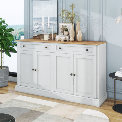 Grand buffet avec 4 tasses et 2 lames, buffet moderne pour cuisine et cuisine, 150 x 86 x 40 cm (L/B/H) – (Antikweiß+Naturholz) (1/5)