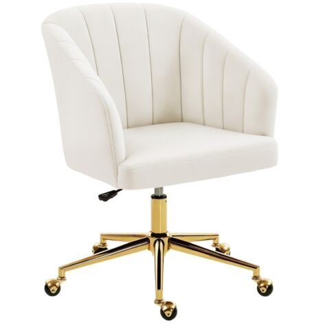 Chaise de bureau aspect velours, réglable en hauteur, rembourrage en mousse, roulettes, piètement en acier, blanc crème (1/5)