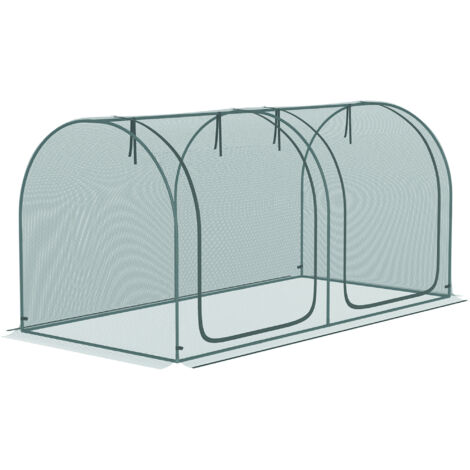 Mini serre de protection pour plantes 2,49 x 1,2 m avec porte, idéale pour le jardin et le balcon. Structure en acier et filet en PEHD, vert foncé.