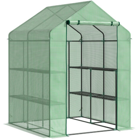 Serre de plain-pied avec 8 étagères pour tomates, en acier et plastique PE, verte, avec porte pour un entretien optimal des plantes (1/5)