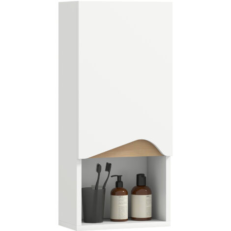 Meuble-lavabo de salle de bain avec portes à fermeture douce et étagères ouvertes, dimensions : 30 x 17 x 67 cm, blanc. (1/5)