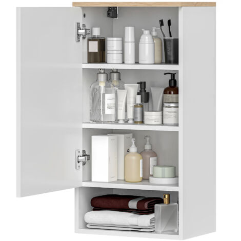 Meuble-lavabo mural avec étagères réglables, étagères ouvertes, bois, blanc. (1/5)
