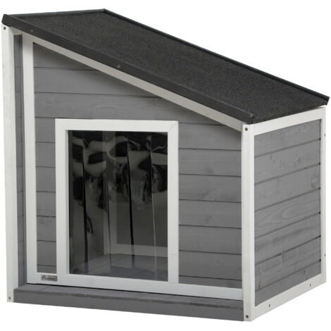 Niche pour chien PawHut en bois massif, résistante aux intempéries, couleur asphalte, 71 cm x 58 cm x 77 cm, blanc grisâtre. (1/5)