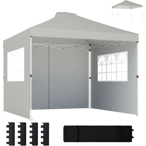 Le gazebo mesure environ 3 x 3 mètres, est imperméable, réglable en hauteur, pliable et dépliable, comporte 3 panneaux latéraux et des fenêtres de ventilation, possède un indice de protection UV de 50 (1/5)
