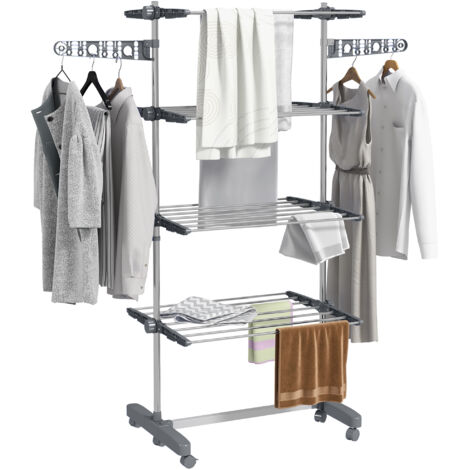 Portant à vêtements pliable à cinq niveaux avec système de rangement à un bouton. Dimensions : 142 cm x 55 cm x 172 cm. Disponible en gris et argent. (1/5)
