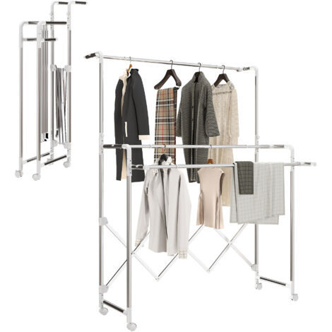 Étendoir à linge pliable, corde à linge d'intérieur, avec 3 barres transversales réglables et 4 roues, dimensions : 104-150 x 103 x 145-197 cm, argent. (1/5)