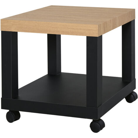 Table d'appoint à roulettes avec étagères ouvertes, idéale pour les salons et les chambres, mesurant 40x40x40 cm, disponible en bois naturel et en noir. (1/5)