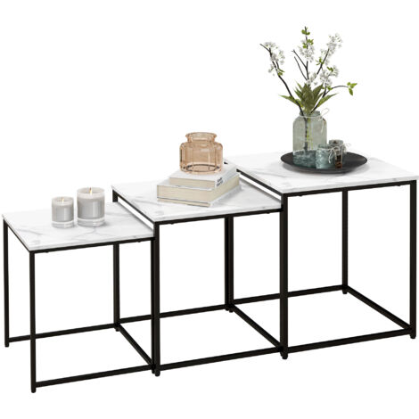 Table d'appoint de salon, ensemble de trois tables gigognes, texture marbre, structure en acier, convient pour la chambre à coucher, blanc. (1/5)
