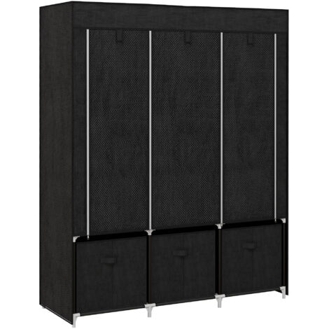 Ce meuble de rangement pliable en tissu comprend 5 étagères, 2 barres de suspension et 3 tiroirs en tissu. Ses dimensions sont de 125 cm (L) x 43 cm (l) x 162,5 cm (H). (1/5)