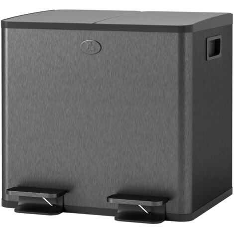 2 poubelles doubles de 15 L, ouverture à pédale, faciles à nettoyer, en acier inoxydable et plastique, noires. (1/5)