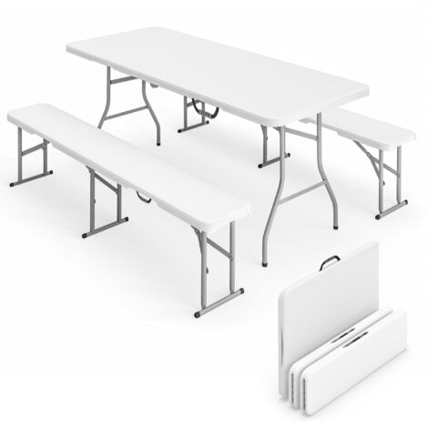 Cet ensemble de pique-nique pliant en trois pièces comprend une table et deux bancs, fabriqués en polyéthylène haute densité et en métal, et est disponible en blanc et en gris clair. (1/5)