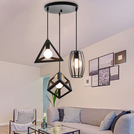 Axhup – Lustre suspension rétro industriel E27 3 lampes – Design vintage en fer noir – Longueur câble 100 cm ajustable – Pour ampoules LED et Edison