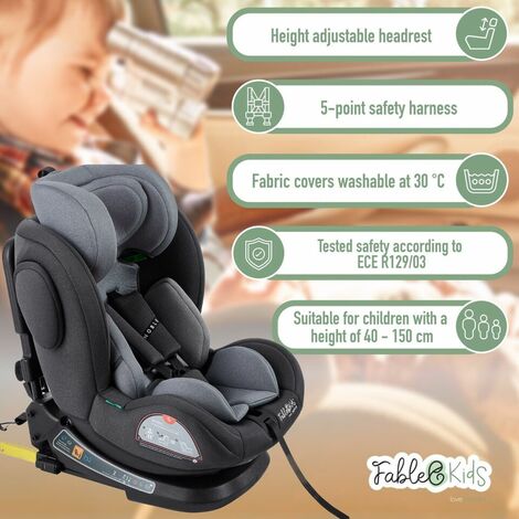 Fablekids asiento de coche para niños con Isofix  360° giratorio  asiento de coche para niños i-Size 40-150cm  arnés de seguridad de 5 puntos  reposacabezas ajustable en 8 direcciones ECE R129/03