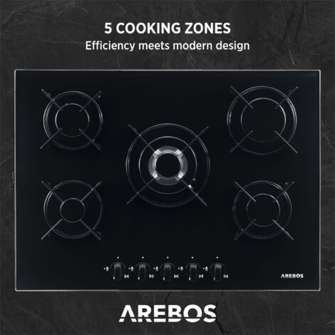 AREBOS Placa de Gas Natural  Cocina de Gas  Vitroceramica 5 Fuegos  Incluye rejilla y piloto de seguridad  Placa Vitroceramica  Encimera de Gas