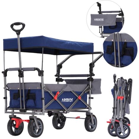 AREBOS Carro de Mano con Techo Plegable, Carro de Jardín 100 kg Azul / Gris