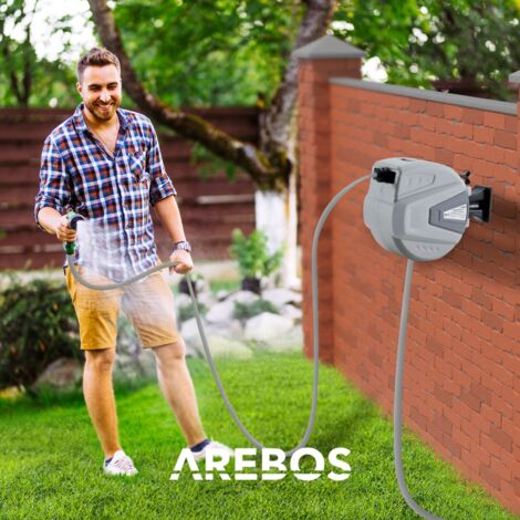 AREBOS Carrete de Manguera de Jardín Automático Manguera de Jardín 20 m Gris