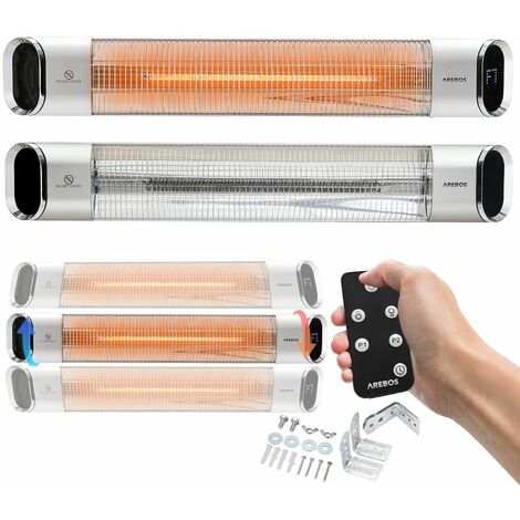 AREBOS Calefactor por Infrarrojos para Terraza 2000W - Control Remoto - 9 Ajustes de calor - Calentador Radiante para Exterior e Interior - Temporizador de 24 horas - Plata