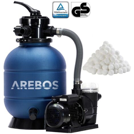 AREBOS Sistema de Filtro de Arena con Bomba  400 W  10.200 l/h  Volumen del depósito de hasta 20 kg de Arena  con manómetro de presión  Incluye 700g de Bolas de Filtro
