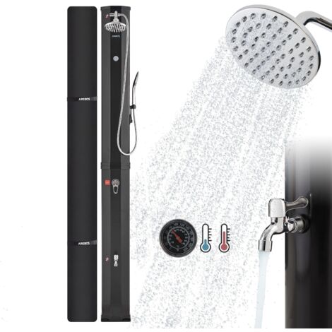 AREBOS Ducha Solar 60 L  con Teleducha y Termómetro  Temperatura del Agua hasta 60°C Ducha de Piscina Camping  Ducha Redonda  Tecnología Snap-In  Incl. Tapa  Negro