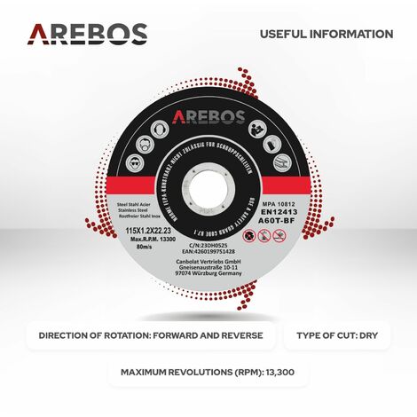 AREBOS Discos de corte  115 mm de Ø  Tamaño del agujero 22,2 mm Espesor 1,2 mm