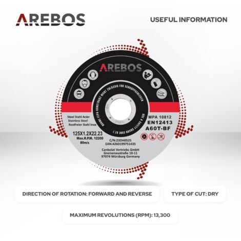 AREBOS Discos de corte  125 mm de Ø  Tamaño del agujero 22,2 mm Espesor 1,2 mm