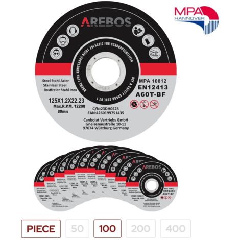 AREBOS Discos de corte 125 mm de Ø Tamaño del agujero 22,2 mm Espesor 1,2 mm