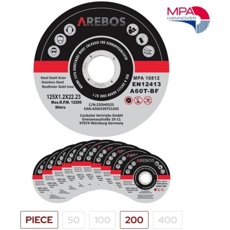 AREBOS Discos de corte 125 mm de Ø Tamaño del agujero 22,2 mm Espesor 1,2 mm