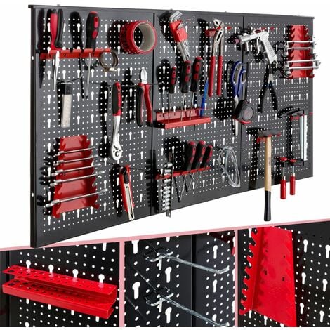 AREBOS Pared de herramientas Pared de taller 3 paredes perforadas juego de ganchos 17 - Negro / Rojo