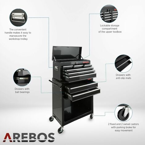 AREBOS Carro Para el Taller Caja de Toolbox x 9 Compartimentos Negro