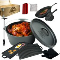 AREBOS hierro fundido Dutch Oven BBQ Set de con caja madera guantes protectores
