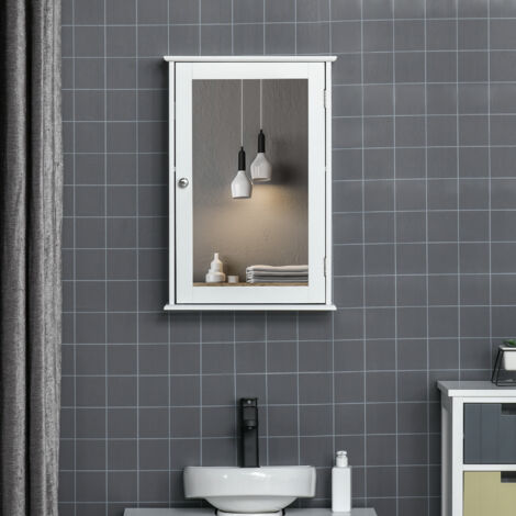 Armoire de salle de bain avec miroir et fermeture magnétique, meuble mural en bois gain de place, 41 x 14 x 60 cm, blanc (1/5)