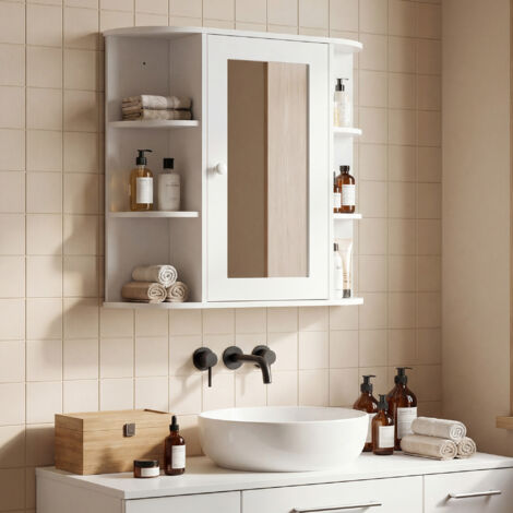 Armoire de salle de bain avec miroir, 8 compartiments, portes miroir, résistante à l'eau, 66 cm x 17 cm x 63 cm, blanche (1/5)