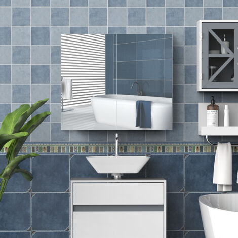Armoire murale salle de bain avec miroir 70 x 60 cm avec étagère réglable, miroir salle de bain avec rangement, blanc (1/5)