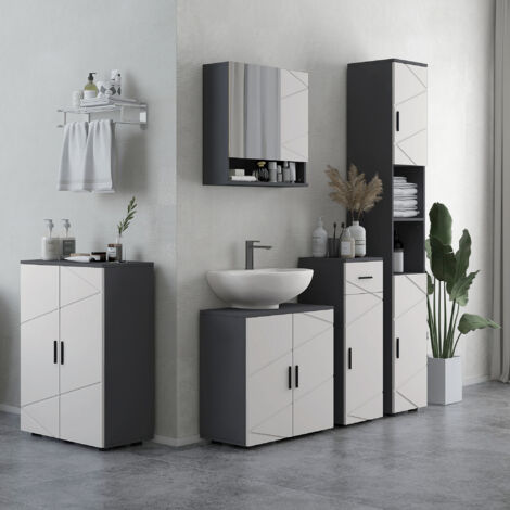 Meuble de salle de bain avec miroir et 2 portes, armoire de salle de bain avec étagères en bois réglables, 55 x 17 x 55 cm, gris