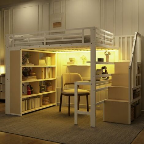 Lit Mezzanine 140x200 avec Bureau, Escalier de Rangement & LED - Structure Métal & MDF - Blanc