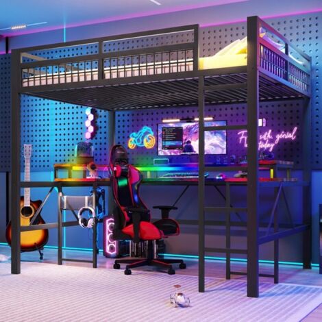 Lit Mezzanine 140x200 avec Bureau & LED RGB, Prises USB-C, Panneau Perforé, Cadre Métal Stable, Noir (1/5)