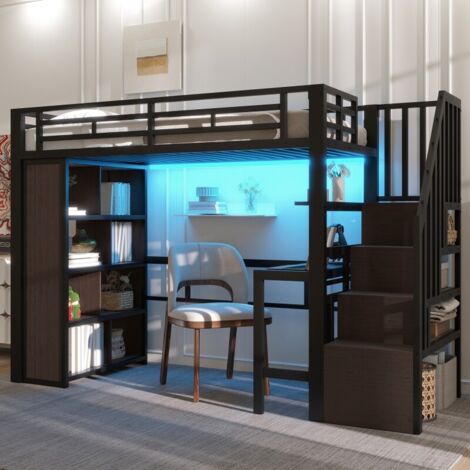 Lit Mezzanine 90x200 avec Bureau et Escalier de Rangement - Cadre Métal Noir, LED et Étagères - Lit Ado Gain de Place