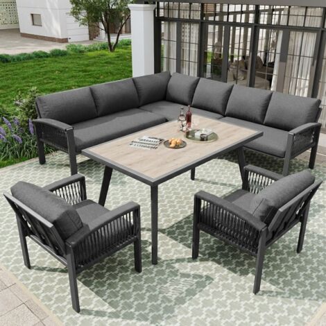 Salon de Jardin 8 Personnes en Corde, Table Effet Bois, Coussins Inclus, Gris (1/5)