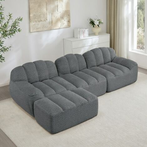 Canapé 3 places L modulaire avec pouf, mousse haute densité 32D, assise profonde, velours côtelé doux, idéal pour salon, Gris. (1/5)