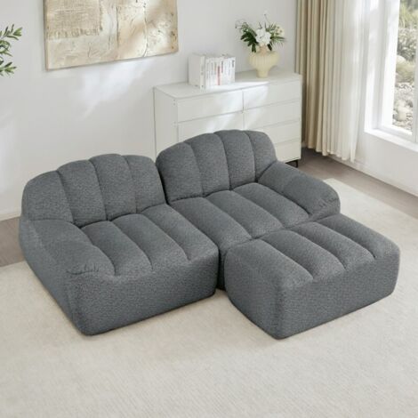 Canapé Modulaire en L 2 Places, Design Coquillage sans Structure, Assise Profonde avec 1 Pouf, Salon, Aucun Montage, Gris (1/5)
