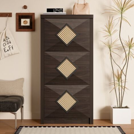 Armoire à chaussures vintage rotin, 3 compartiments, bois brun foncé 54×25×115 cm, style cottage (1/5)