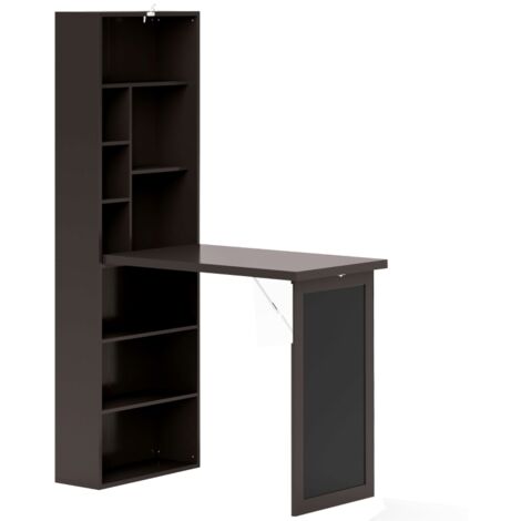 Bureau pliable mural avec bibliothèque, tableau à craie et étagère réglable, 98x51x153cm, Marron (1/5)