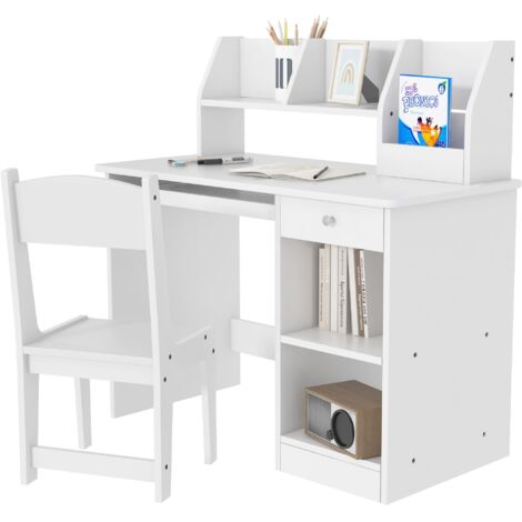 Bureau enfant avec chaise ergonomique, tiroir clavier coulissant, rangements et étagères, blanc 90×45×90 cm (1/5)