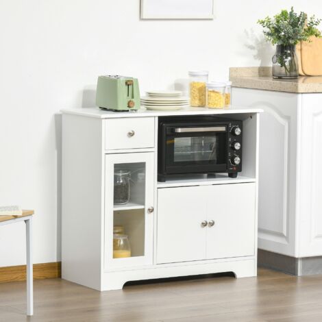 Buffet micro-ondes 90x40x82 cm en bois et verre trempé, armoire de rangement cuisine/salle à manger (1/5)