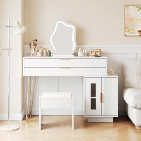 Coiffeuse blanche LED, miroir éclairé, 100×78×40 cm, tiroirs coulissants (1/5)